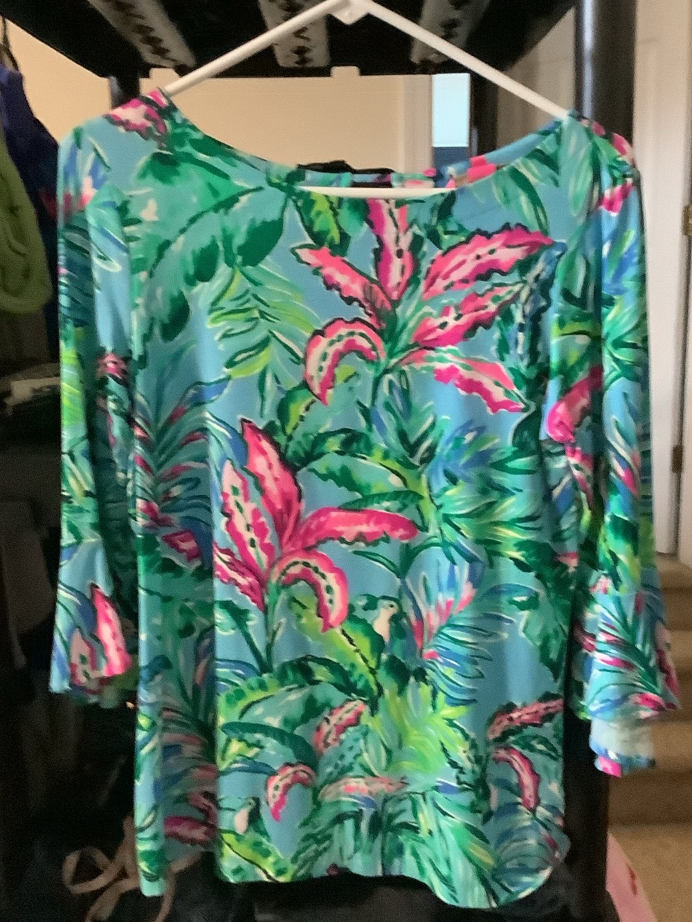 Lilly Pulitzer Aqua Tropical Boatneck Top with Pink Leaves, bell sleeve